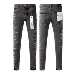 Mens Grey Slim Fit Washed Denim Jeans Unique Bleach Effect Streetwear Casual Pants 9056