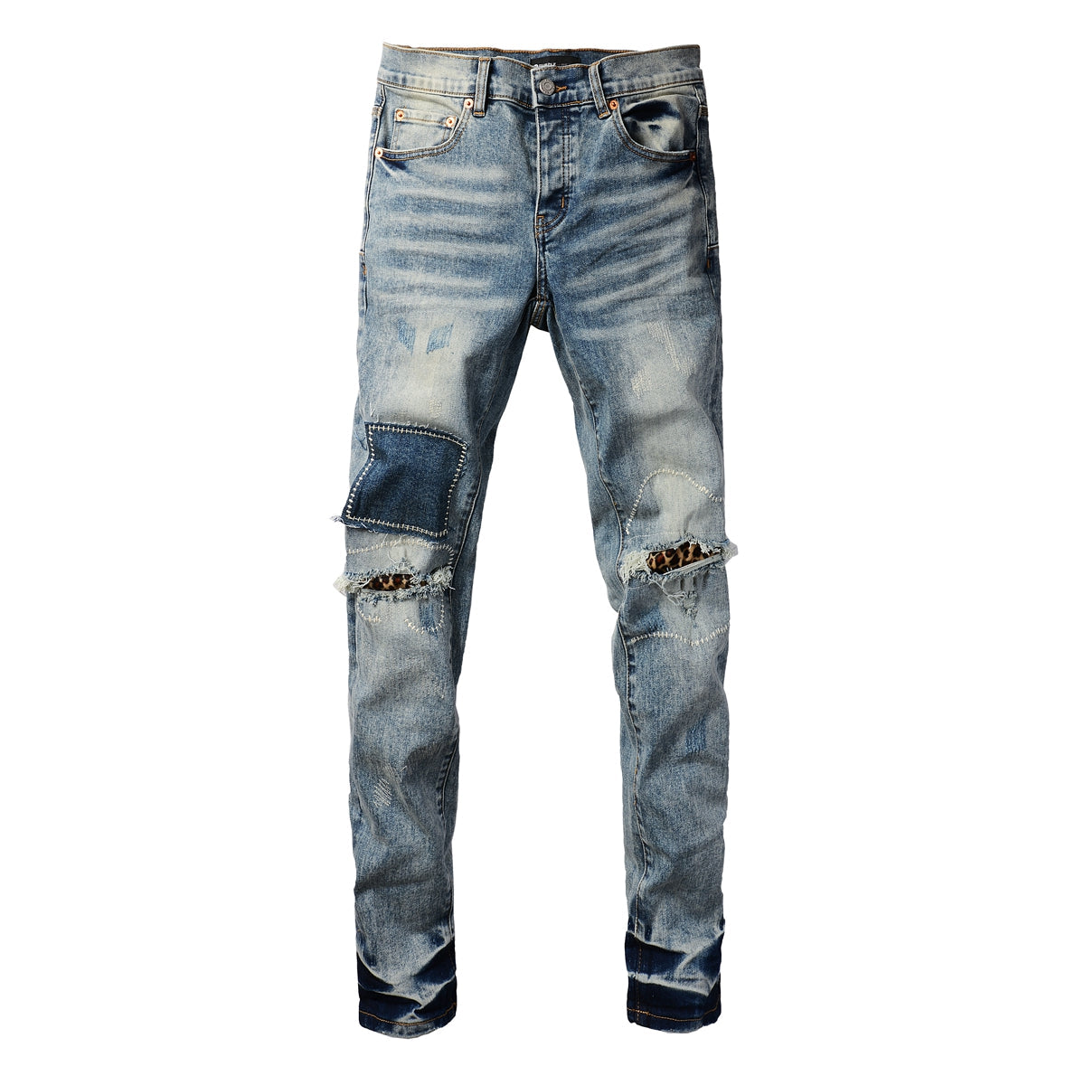 Men Streetwear Jeans Distressed Light Blue Patch Leopard Ripped Skinny 9095