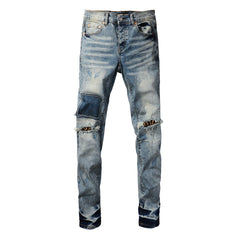 Men Streetwear Jeans Distressed Light Blue Patch Leopard Ripped Skinny 9095