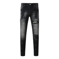 Men Streetwear Jeans Distressed Black Paint Splash Patch Ripped Skinny 9099