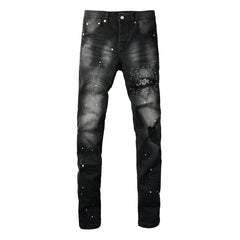 Men Streetwear Jeans Distressed Black Paint Splash Patch Ripped Skinny 9099