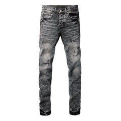 Men Distressed Grey Washed Skinny Jeans Ripped Scratch Style 9105