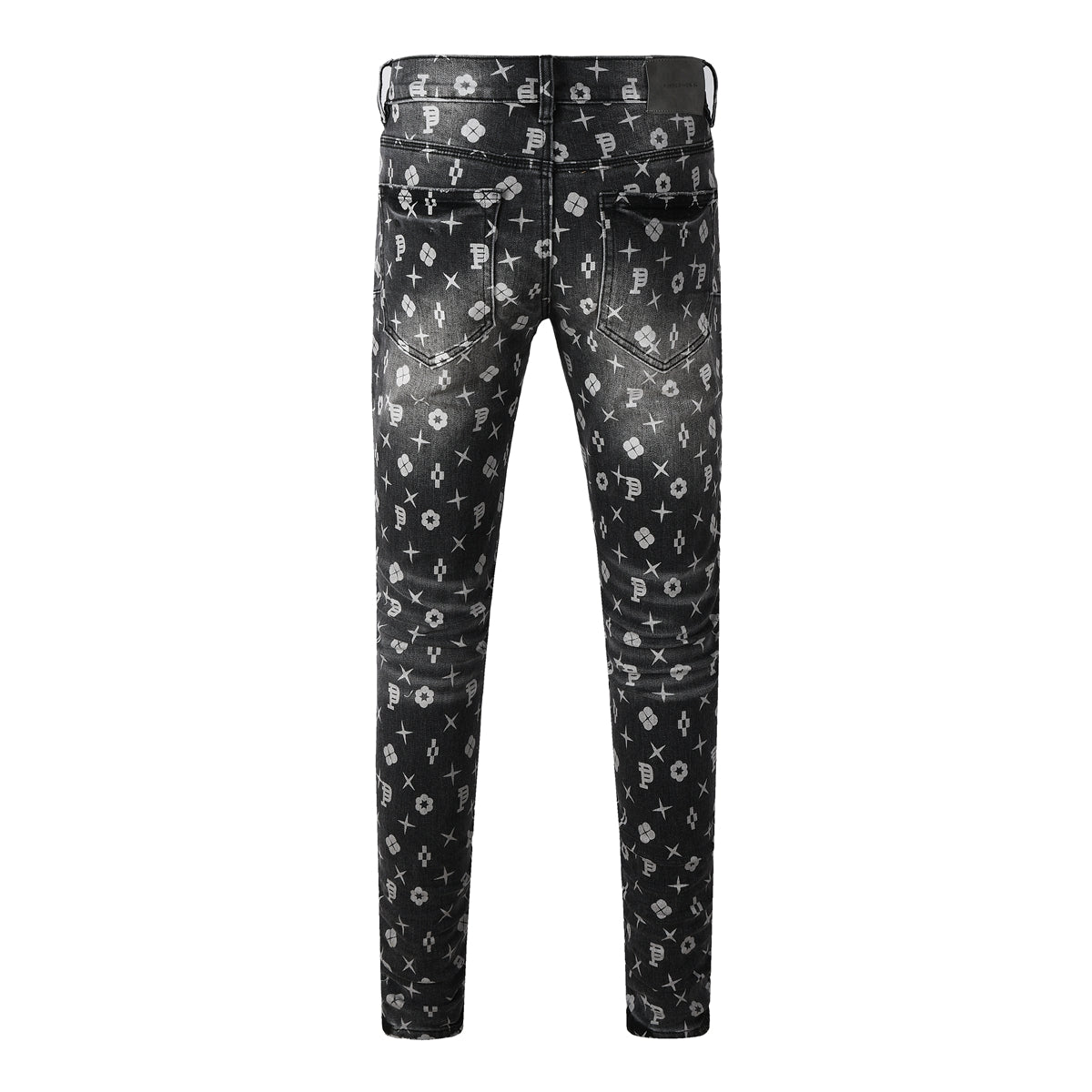 Men Classic Street Skinny Jeans Dark Grey Monogram Print All Over Distressed Style PU9112