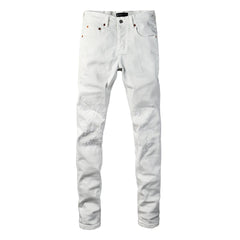 Men Designer Streetwear Skinny Jeans Solid White with 3D Embossed Monogram Pattern PU9113