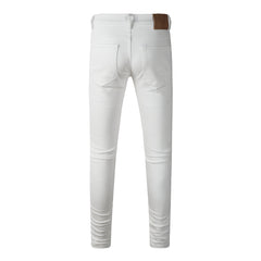 Men Classic Streetwear Skinny Jeans Solid White with Subtle Distressed Details PU9118