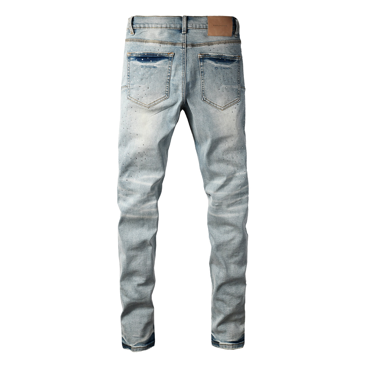 Men Streetwear Skinny Jeans Light Blue with Rhinestone Studs and Distressed Details PU9119