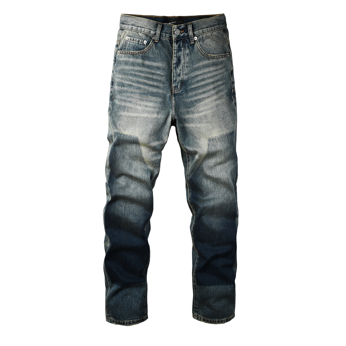 Men Vintage Streetwear Straight Jeans Blue Washed with Whisker Fade and Contrast Panels PU9120