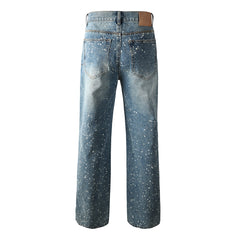 Mens Blue Straight Leg Jeans with Paint Splatter Design Casual Vintage Washed Streetwear Denim 9126