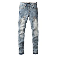 Mens Light Blue Skinny Jeans with Crystal Cross Design and Allover Rhinestone Embellishment 9132
