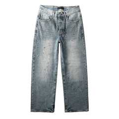 Mens Vintage Washed Wide Leg Jeans with Crystal Firework Pattern and Allover Rhinestone Accents 9133