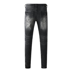 Vintage Distressed Black Denim Jeans Men Slim Fit Patchwork Stylish Pants 9135