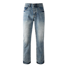 Rhinestone Decor Light Blue Denim Jeans Men Straight Leg Stylish Pants 9137