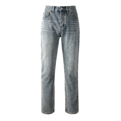 Chic Rhinestone Straight Leg Jeans – Classic High Waist Blue Denim 9140