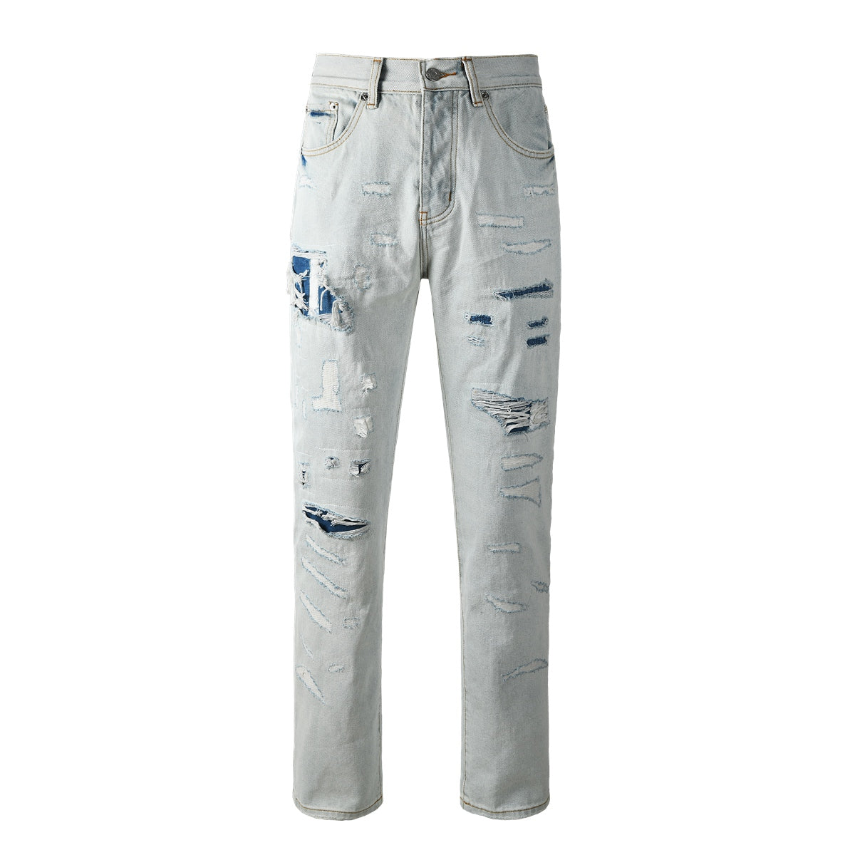Trendy Distressed Denim Pants – Casual High Rise Light Blue Straight Jeans 9142