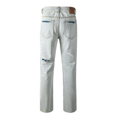 Trendy Distressed Denim Pants – Casual High Rise Light Blue Straight Jeans 9142