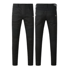 Tapered Fit Black Moto Jeans Featuring Articulated Knee Stitching and Sleek Contemporary Look 964
