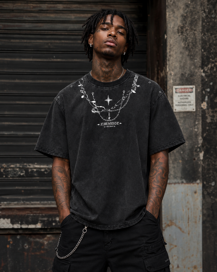 Distressed Graphic Chain Print T-shirt