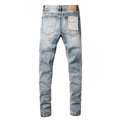 New Pop Style Purple Mens Bleach Pants Made Old Skinny Blue Denim Jeans 9053