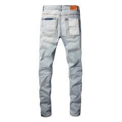 9048 Mens Purple Skinny Jeans with Ripped Detail Fashionable Denim Biker Pants with Patches and Printed Design Jeans Purple