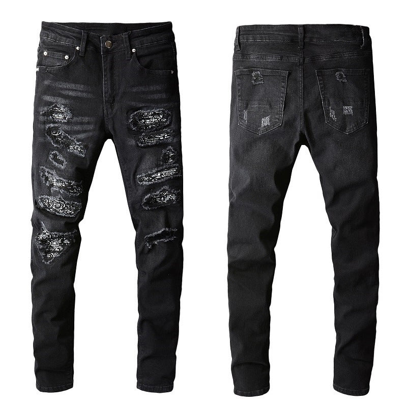 Men's Tight Fit Black Jeans with Paisley Patches and Distressed Details (669-8669)