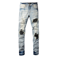 Mens Punk Slim Stretch Distressed Jeans With Ripped Knee Patch Blue Pants 6848