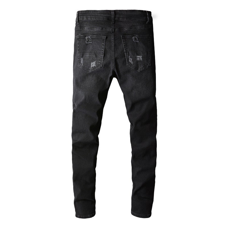 Men's Tight Fit Black Jeans with Paisley Patches and Distressed Details (669-8669)