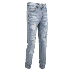Men's Slim Fit White Jeans with Rhinestone Patches and Distressed Design 6808