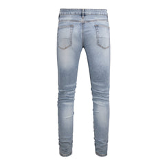 Men's Slim Fit White Jeans with Rhinestone Patches and Distressed Design 6808