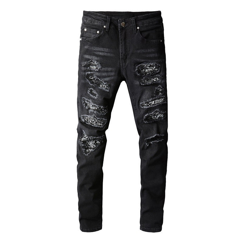 Men's Tight Fit Black Jeans with Paisley Patches and Distressed Details (669-8669)