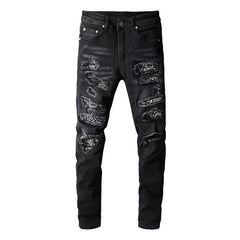 Men's Tight Fit Black Jeans with Paisley Patches and Distressed Details (669-8669)